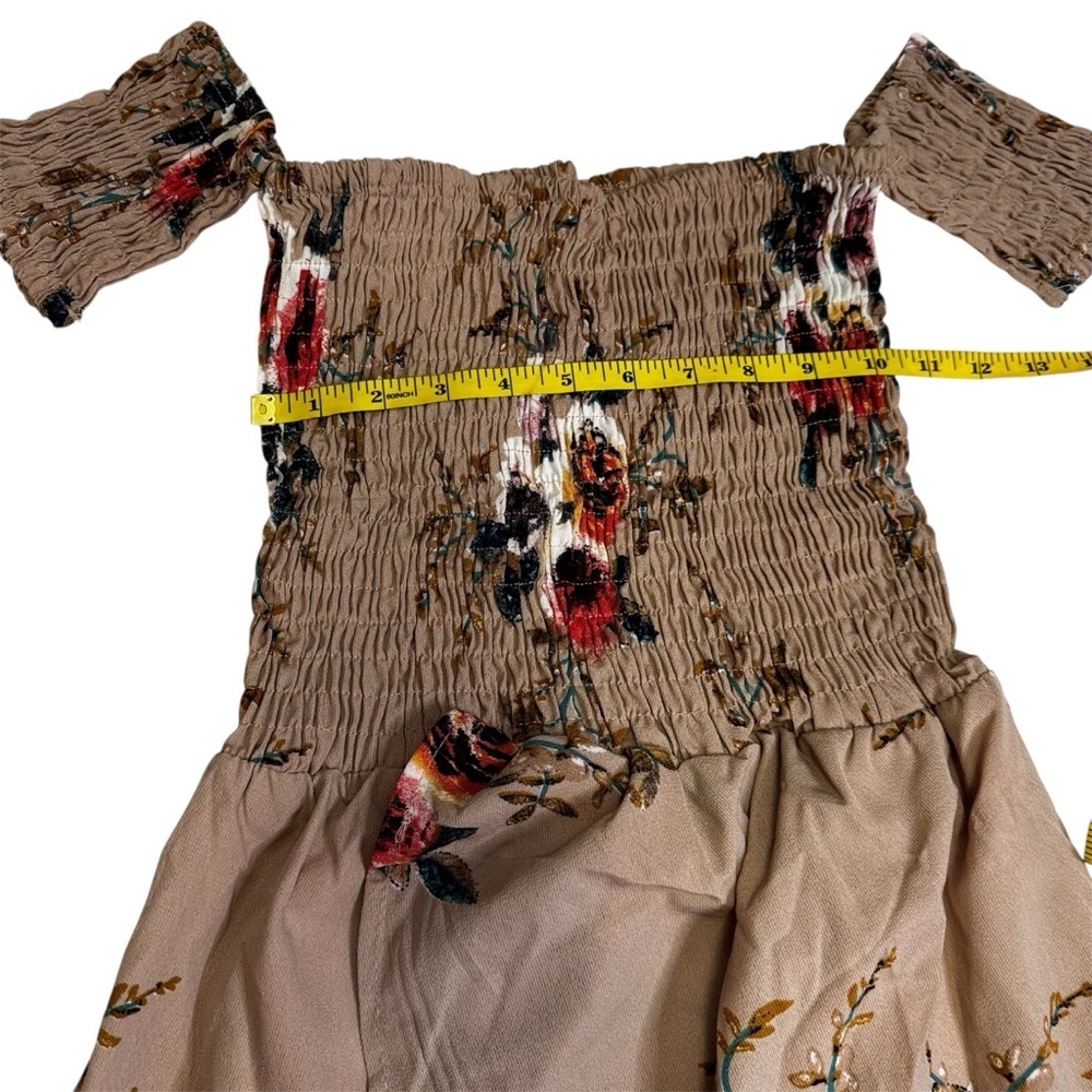 Floral On Off-Shoulder Boho Chiffon Maxi Dress Size S Tan Slit Split Front NWOT - Picture 8 of 12